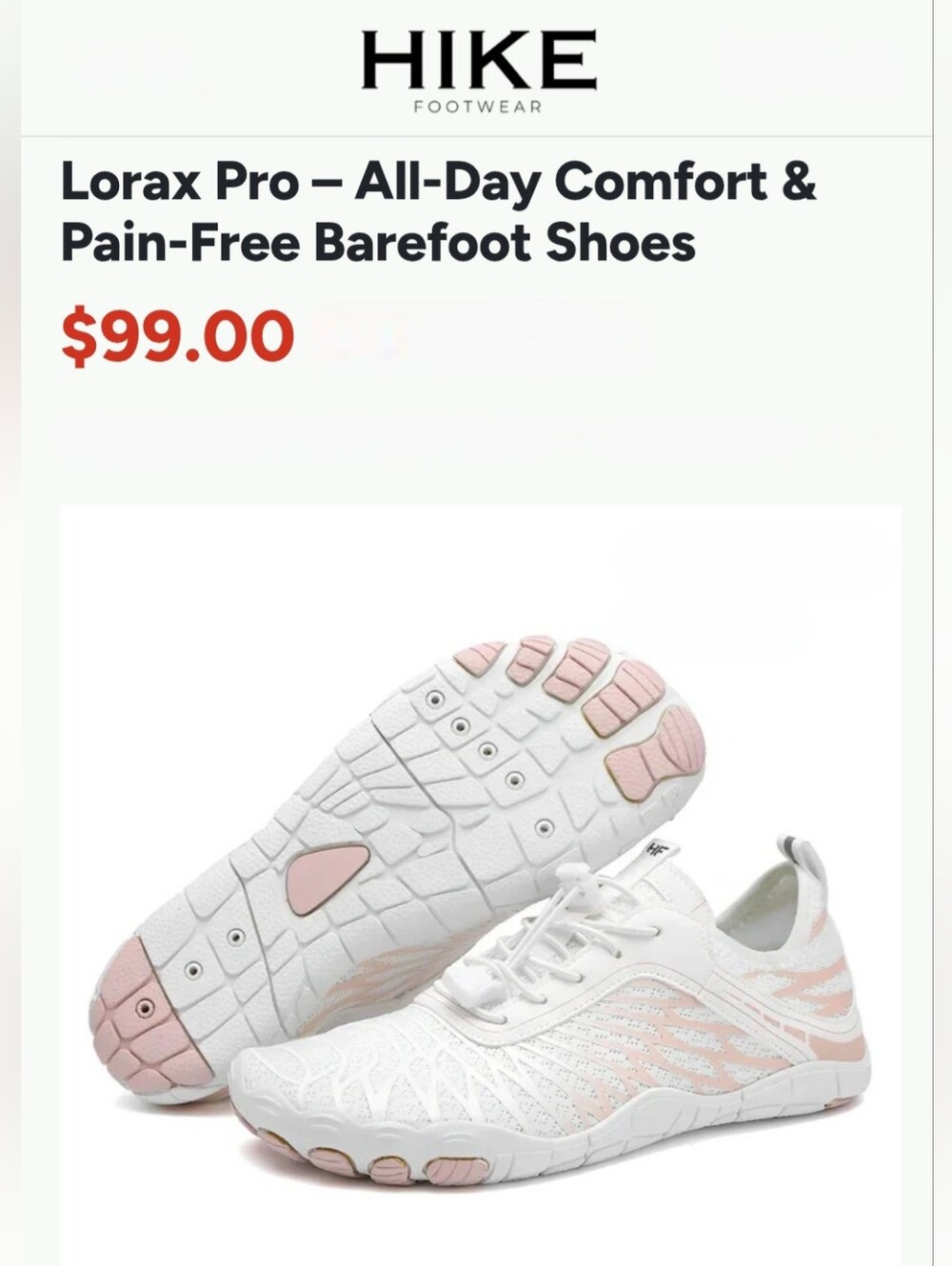 Hike Footwear Lorax Pro Lightweight Pink White Wide Toe Box Zero Gravity 7.5